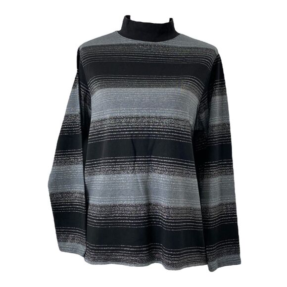Womens Size 1X Shirt Studio Works Black Grey and Silver Striped Long Sleeve - Picture 1 of 9